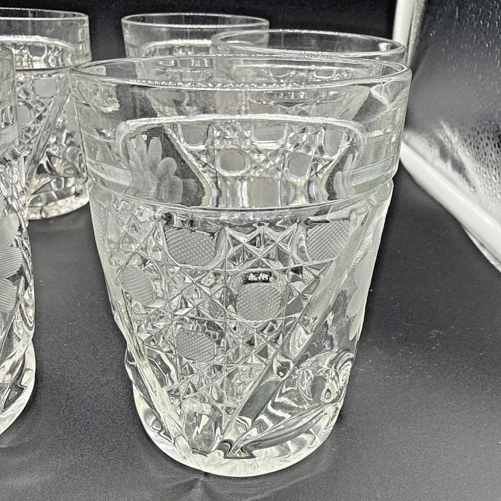 Vintage Etched Rose Cut Glass Pitcher and 6 Matching Floral Tumbler Glasses Set